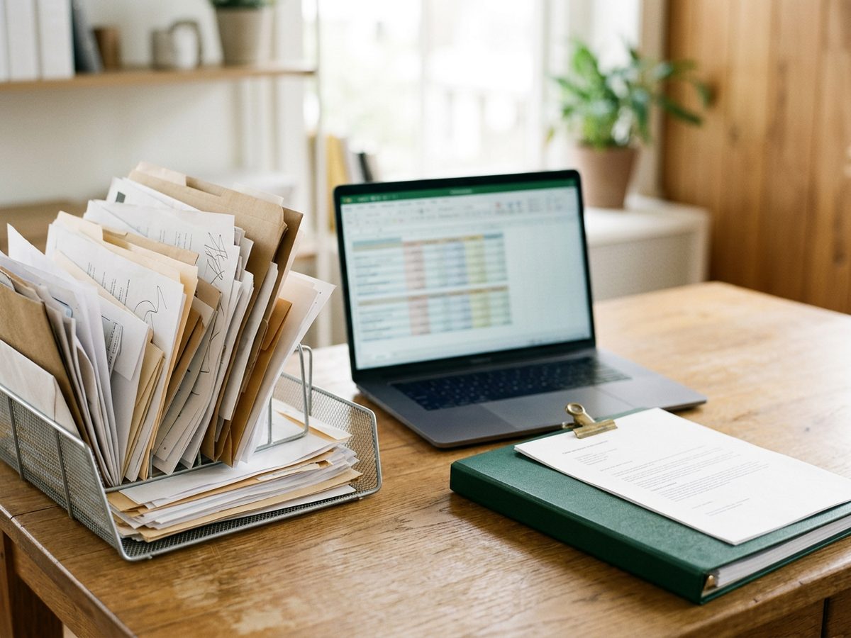 A wire tray of mixed loose paperwork on one side of a desk, a laptop showing a spreadsheet in the middle, and one finished document on a green binder on the other side