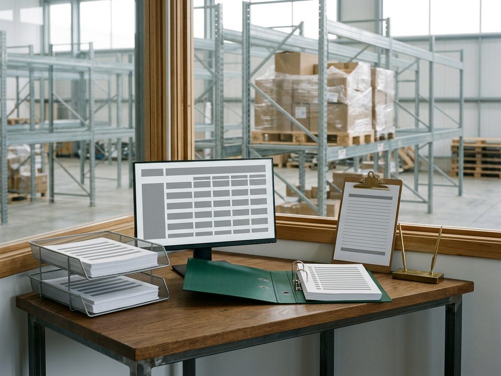 A warehouse office desk with order printouts in wire trays, a monitor showing an inventory grid, and an open green binder, with pallet racking and a wrapped pallet through the window