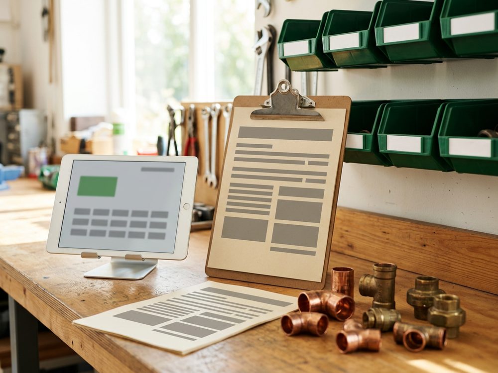 A service shop workbench with a tablet showing a completed job checklist, a work order on a clipboard, copper and brass fittings, and green parts bins on the wall