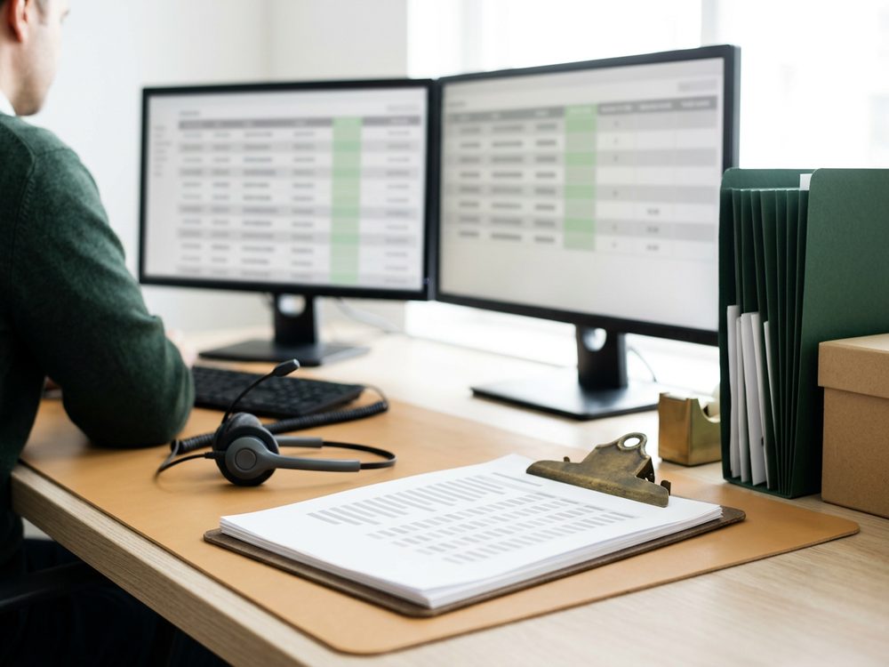 A dispatcher at two monitors showing load board rows, with a clipboard of carrier paperwork and a headset on the desk in front and a green file holder beside them
