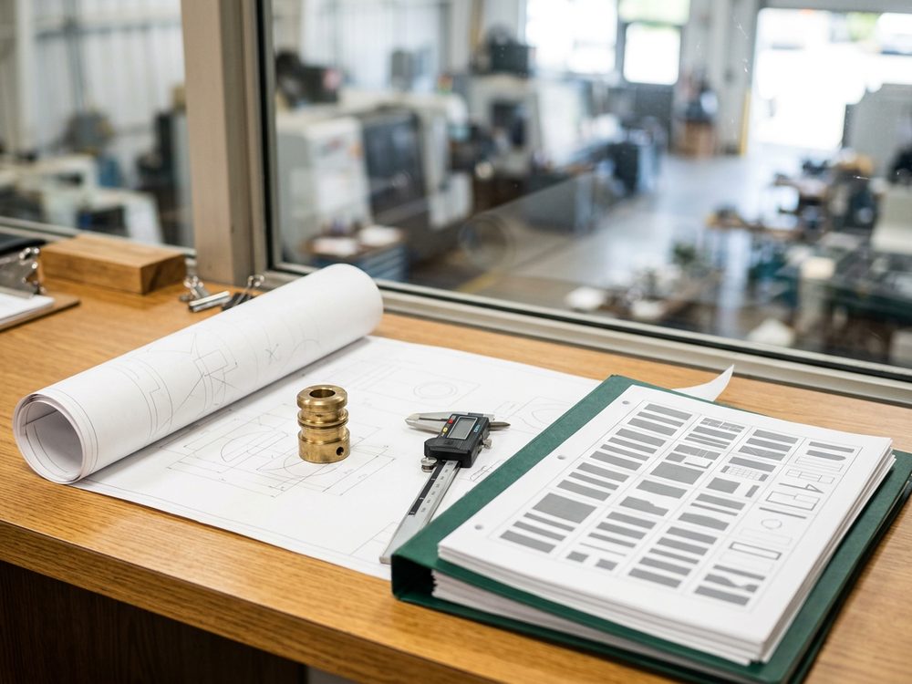 A machine shop front office desk with an unrolled technical drawing weighted by a machined brass part and calipers, a staged quote package in a green folder, the shop floor behind glass